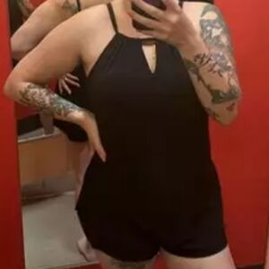 Aqua Green Women's UPF 50 High Neck Swim Romper with Pockets in Black Size 24W